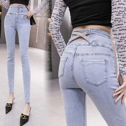 HOT Spring and Autumn Women jeans Pencil Pants 9-point pants Trousers Clothes High waist Show thin All-match Fashion Light blue