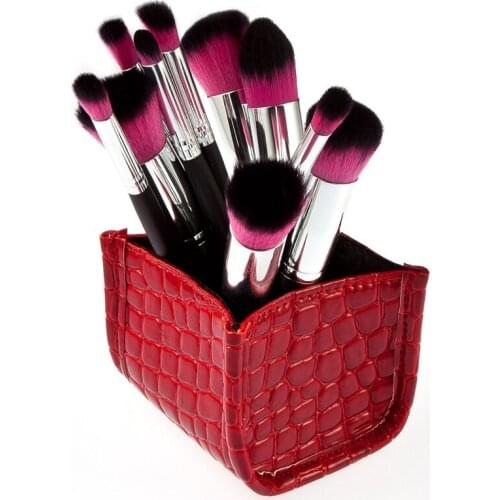 Fashionable Cosmetic Grade Red Alligator Pattern Storage Box + 10pcs Makeup Brushes