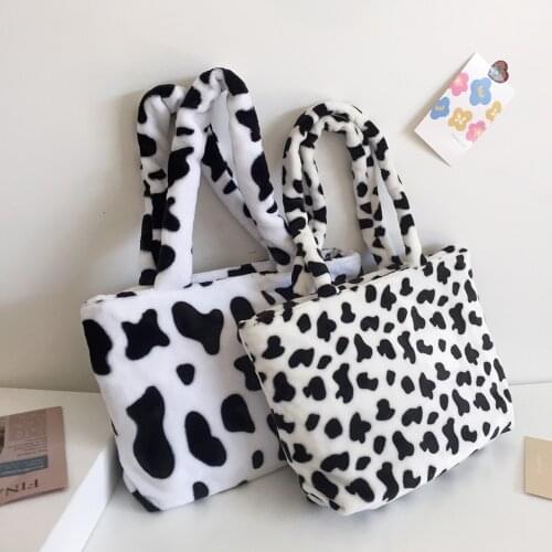 Fashion Cow Print Shoulder Bag Plush Totes Large Capacity Handbags Shopping Bag Warm Autumn Zipper Armpit Bag Street Party Bags