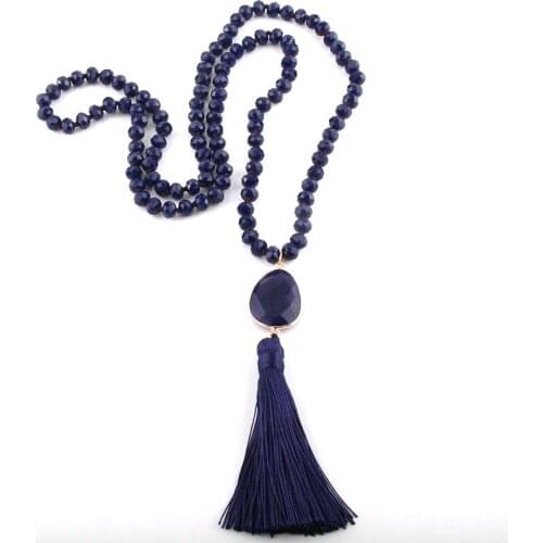 MOODPC Fashion Bohemian Tribal Jewelry Glass Crystal Knotted Stone Link Long Tassel Necklaces Women Necklace Dropship