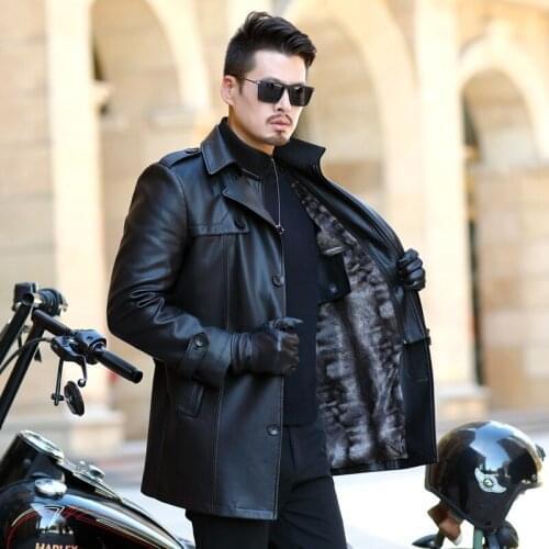 2020 Men Long Leather Jacket Winter Black Thick winter jacket men Casual Motorcycle Jacket Brand mens overcoat