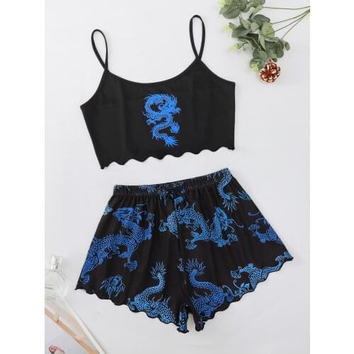 New Style Lady’s Summer Chinese dragon Print Camisole With Shorts Pajama Set Comfortable Home Wear Sleepwear Underwear