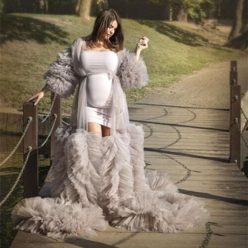 Chic Illusion Ruffles Maternity Photo Luxury Kimono Pregnant Party Sleepwear Women Bathrobe Sheer Nightgown Robe