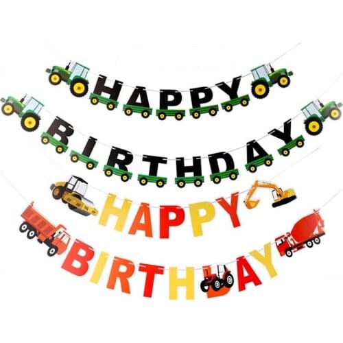 Construction Vehicle Happy Birthday Banner Pennant Bulldozer Truck Excavator Garland for Farm Engineering Vehicles Decoration