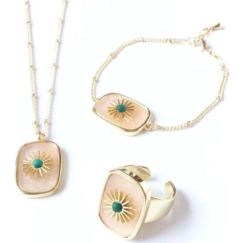 FUWO Natural Auroral Quartz Jewelry Sets,Fashion Pink Semi Precious Stones Necklace Bracelet Ring Statement Gift For Women JS006