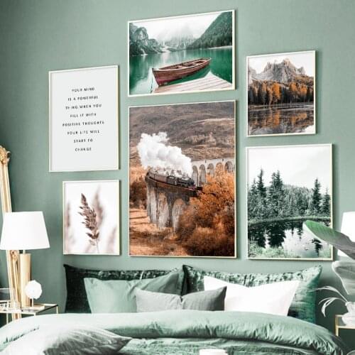 Green Lake Fog Train Forest Mountain Wall Art Canvas Painting Nordic Posters And Prints Wall Pictures For Living Room Home Decor