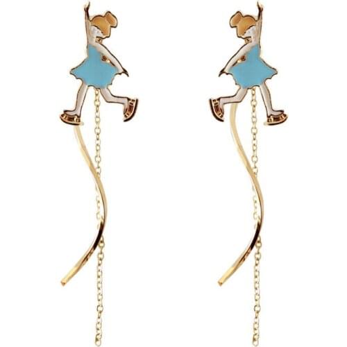 Personality Cartoon Ice Ballet Girl Streamlined Chain Tassel Enamel Earrings Womens Creative Fashion Jewelry Birthday Gifts