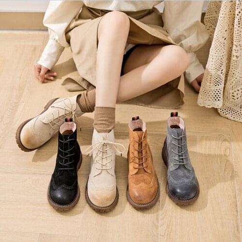 2021 Autumn Winter Fur Shoes Women Ankle Boots Female Genuine Leather Short Boots Retro Suede booties Ladies Lace Up Beige Boots