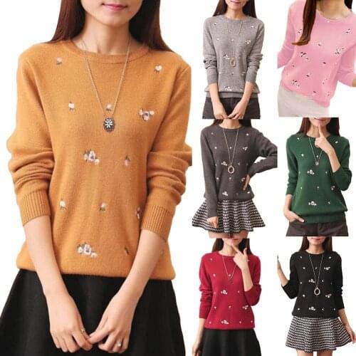 Wholesales Autumn Winter Flower Embroidery Women Jumper Warm Long Sleeve Sweater Pullover