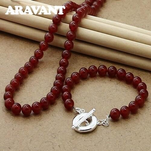 Hot Sale Silver 925 Red Color Peal Bracelet Necklace For Women Wedding Jewelry Set