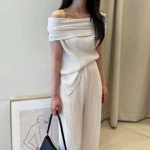 Alien Kitty 2021 Summer Women Two-Piece Suit Slash Neck Sexy Solid Color Pleated Shirt High Waist Straight Split Casual Pants