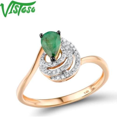 VISTOSO Gold Rings For Women Genuine 14K 585 Rose Gold Ring Pear Emerald Sparkling Diamond Engagement Anniversary Fine Jewelry