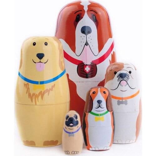 5Pcs/Set Cute Dog Russian Matryoshka Dolls Handmade Basswood Nesting Dolls Set Matryoshka Dolls Toys Home Decor Toys