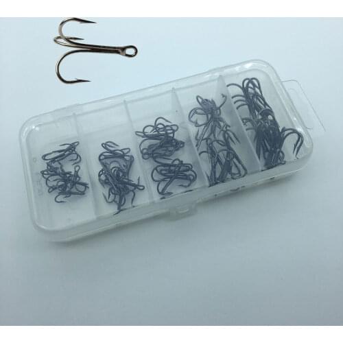 50pc/box FishHook Fishing Hook High Carbon Steel Treble Hook Fishing Tackle Round Bent Treble Saltwater Bass 2#-10