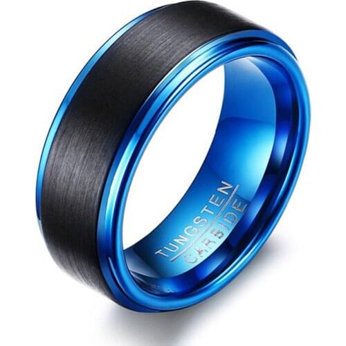 8MM Mens Tungsten Carbide Rings Black and Blue Matte Hot Sale in US Russian Brazil Fashion Jewelry Size 6 to 15