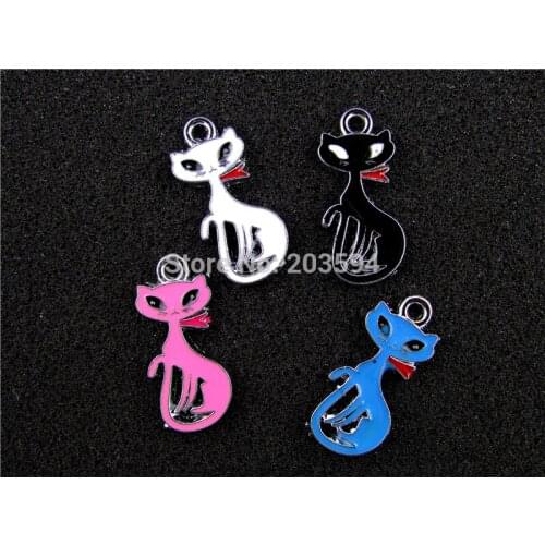 AE445 Mix Color 100Pcs Alloy Metal Enamel Cat Charms Pendants 28x14mm bead