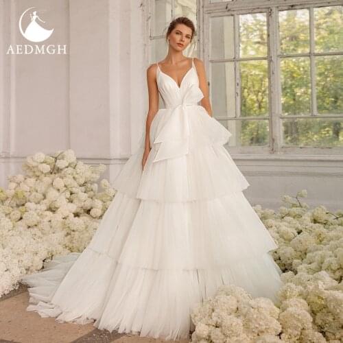 Aedmgh Ball Gown Wedding Dresses 2021 Spaghetti Straps Sleeveless Ruffles Bow Bride Dress Simple Tiered Court Train Bridal Gowns