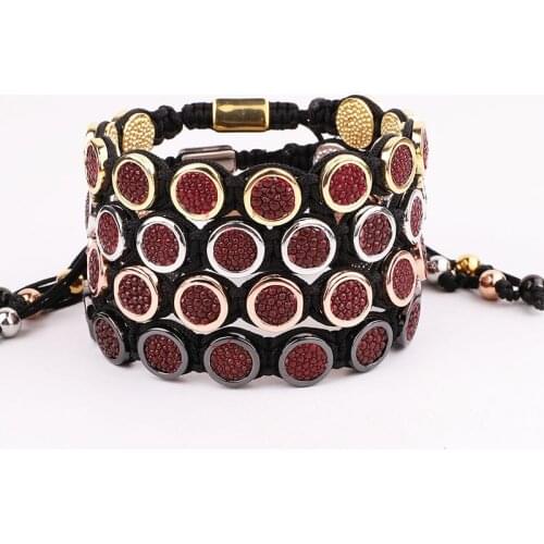 High Quality Red Fish Skin Leather Round Charm Braided Friendship Macrame Adjustable Bracelet Men