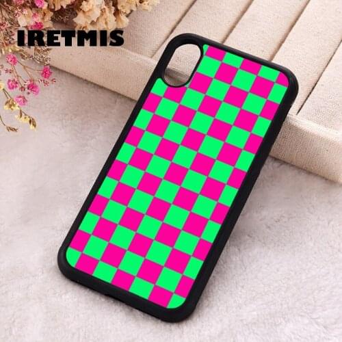 Iretmis 5 5S SE phone cover cases for iphone 6 6S 7 8 Plus X Xs Max XR 11 12 MINI Pro Soft Silicone Neon Pink and Green Checkers
