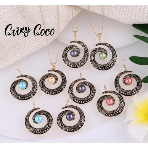 Cring Coco Jewelry Sets 2021 Fashion Droping Green Cross Pearl Earrings and Necklaces Polynesian Vintage Black Earring for Women