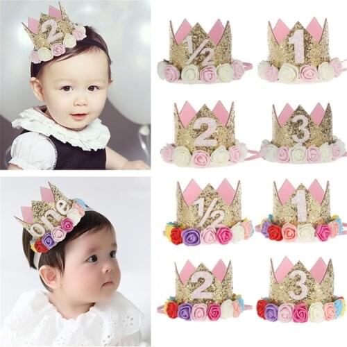 Baby Princess Tiara Crown Baby GirlsKids Birthday Hat Sparkle 1 2 3 Year Number Priness Style With Artificial Rose Forceful