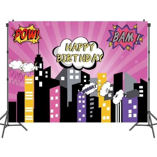 Cartoon Flourishing City Hero Theme Pink Backdrop Child Birthday Party Room Decoration Photography Photo Background Vinyl Banner