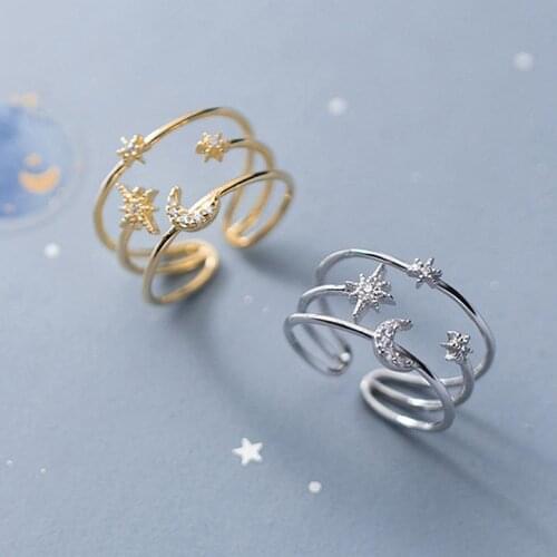 Celestial Adjustable Ring, Star & Moon Ring, Open Ring, Korean Fashion Ring Style, Stacking Rings In One, Silvers or Gold