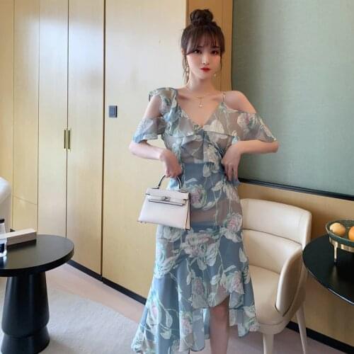 Summer High-end Women Dresses Elegant Sexy Spaghetti Strap Vacation Dress Women Lady Print Vintage Chiffon Asymmetrical Dress