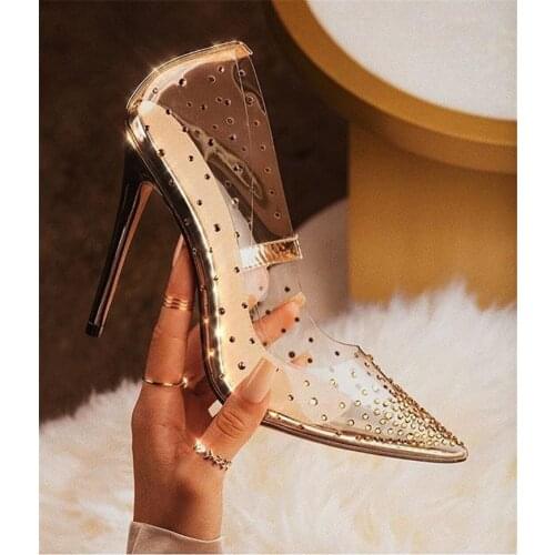 Fashion Rhinestones PVC Transparent Pumps Stilettos High Heels Point Toes Womens Party Golden Wedding High heels shoes