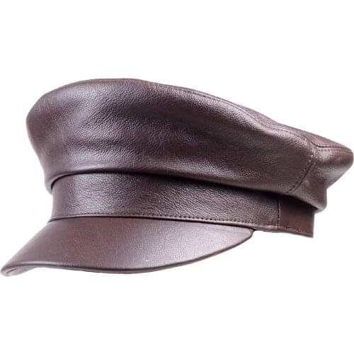 Mens Womens Unisex Real leather Cowhide Flat Cap Military Beret Naval Hat Newsboy Army/Navy Caps/Hats