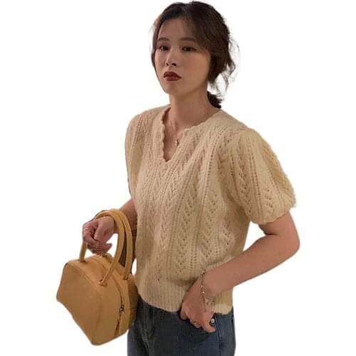 Casual Korean Hollow Out Summer Tops for Women Pullover Short Puff Sleeve V-Neck Knit T-Shirts New Solid All-Match Shirt Female