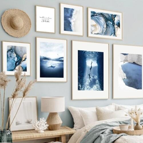 Wall Art Canvas Painting Blue Ocean White Sand Stone Hill Beach Nordic Posters And Prints Wall Pictures For Living Room Decor