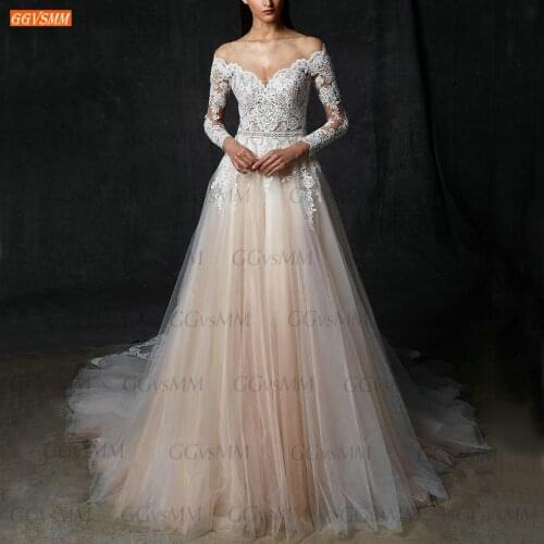 New Champagne Wedding Gowns 2021 Robe De Soirée Long Sleeves Lace Appliques Tulle Ball Gown Trouwjurk Custom Made Bridal Dresses