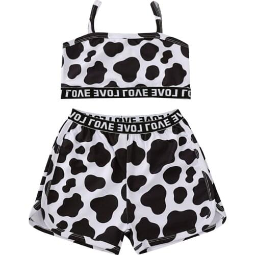 1-6Y KidsClothes Summer Two Piece Sets Baby Girls Fashion Cow Printed Crop Tops Vest Shorts Children Outfit Set