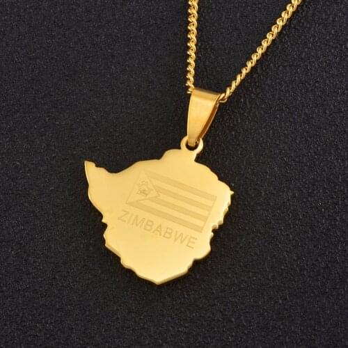 Anniyo Map of Zimbabwe Small Pendant Necklaces for Women Girls Gold Color Stainless Steel Zimbabweans Maps Chain African #055806