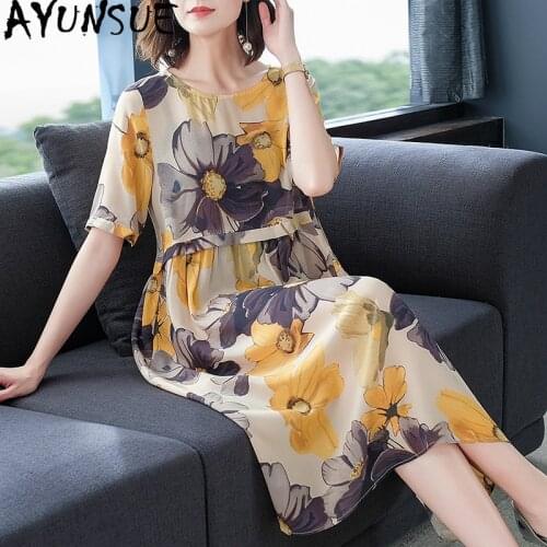 AYUNSUE Summer Dress 2020 Silk Beach Floral Dress Women Elegant Boho Party Dresses Fashion Midi Vestido De Mujer YMBH6640 KJ4805