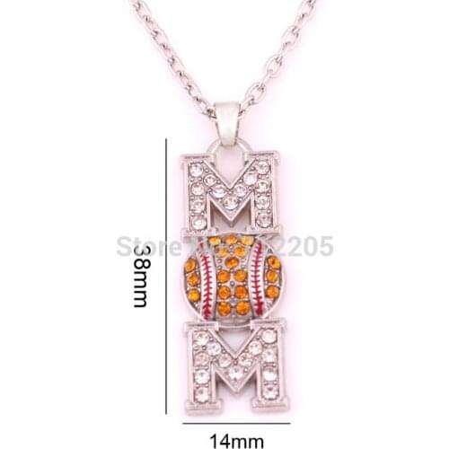 Mothers Day Gift 10pcs zinc studded with sparkling crystals Softball Mom Pave Crystal Pendant chain necklaces
