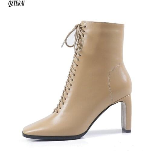 QZYERAI New style Ankle boots Genuine leather Female boots 8 cm high heels Womens boots sheepskin Womens shoes