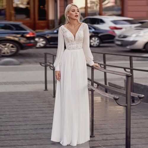 V-Neck Chiffon Outdoor Elopement Wedding Dress Long Sleeves Floor Length 2021 Boho Beach A Line Open Back Lace Bridal Gowns