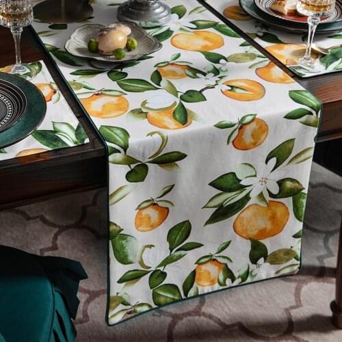 DUNXDECO Table Runner Tablecloth Cover Fabric French Fresh Orange Print Luxury Cotton Cloth Vintage Party Dinner Desk Decorating