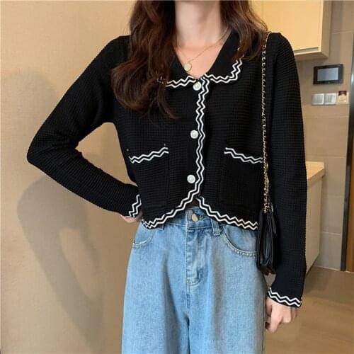 Korean Style Open Stitch Sweater Womens Sweet Pearl Button Turn-down Collar Women Clothes Knitted Long Sleeve Top Spring Autumn