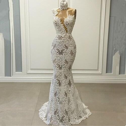 Gorgeous Pearls Leaf Design Mermaid Prom Dresses 2021 Sexy Illusion High Neck Tulle Prom Gowns Robe De Soiree