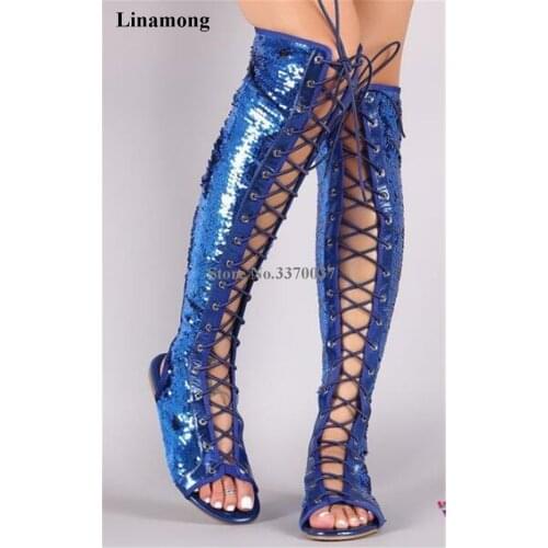 Women Shining Peep Toe Lace-up Bling Sequined Knee High Flat Gladiator Boots Cut-out Blue Gold Silver Black Long Boots