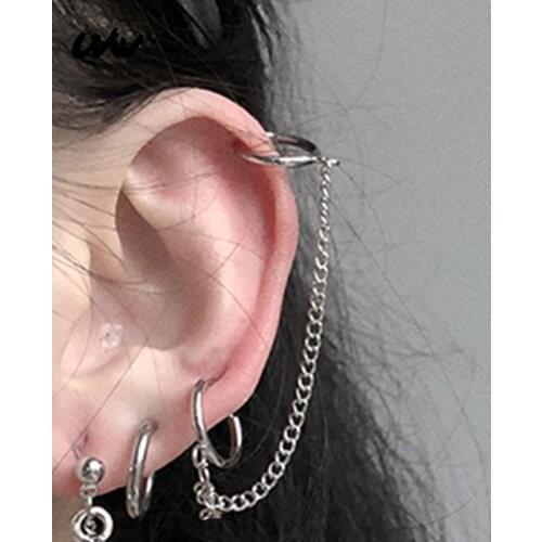 UVW051 2pc Boho Stainless Steel Long Chain Fake Stud Earrings Double Hole Helix Ear Bone Non-Piercing Earrings for Women Jewelry