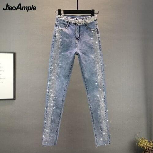 Womens Jeans 2021 New Cotton Stretch Slim-fitting Rhinestone Cropped Trousers Korean Fashion Plus Size High Waist Denim Pants