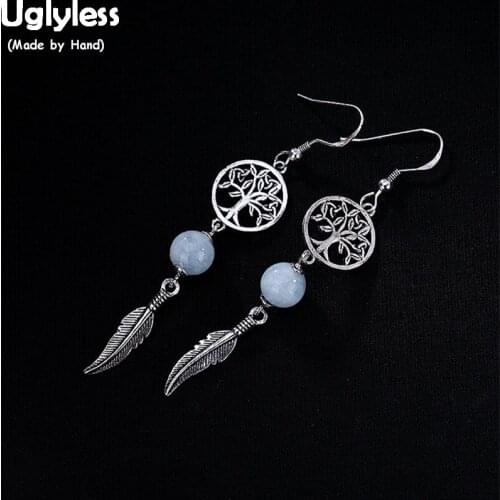 Uglyless Luxury Natural Aquamarine Earrings Women Handmade Hope Tree Earrings Hollow Real Solid 925 Silver Jewelry Thai Silver