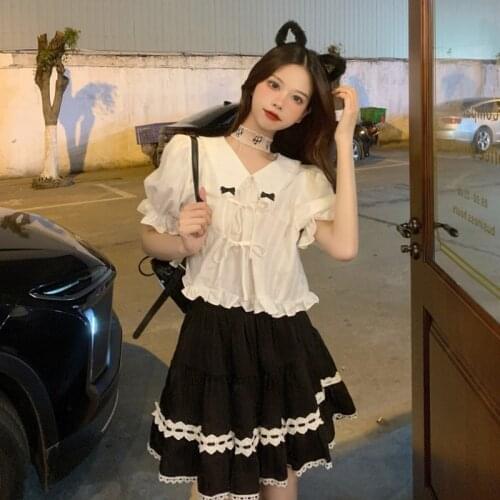 Korean Sweet Cool Bow Lace up Peter Pan Collar Short Sleeve Shirt A- line Tiered Skirt Womens Suit Summer lolita dress gothic