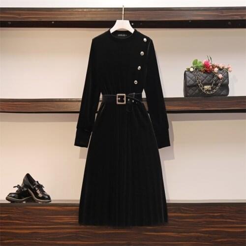Plus Size Women Elegant Bandage Pleated Dress Autumn Winter Warm Gold Velvet Solid Color Midi Long Party Dresses Black dresses