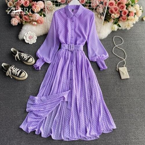 Summer Women Chiffon Dress Female Wave Point Lapel Long Sleeve High Waist Pleated Big Swing Double Layer Vintage Slim Dresses