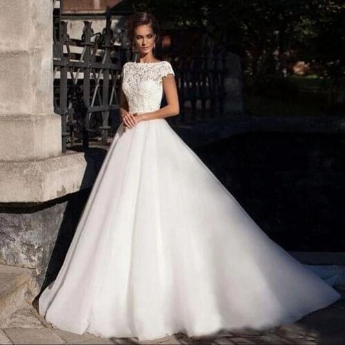 Robe De Marriage Vintage Cap Sleeves Lace Appliques A Line Wedding Dresses 2021 Scoop Neck Short Sleeves Bridal Gown Custom Made